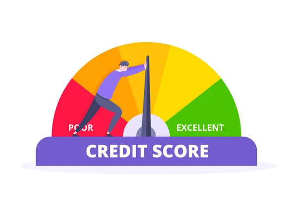 Man duwt credit score pijl meter snelheidsmeter indicator met kleurniveaus. — Stockvector