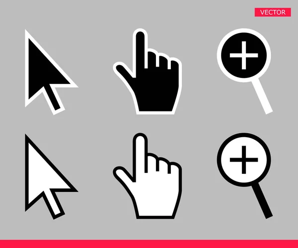 Flecha en blanco y negro, mano y lupa iconos del cursor del ratón vector ilustración — Vector de stock