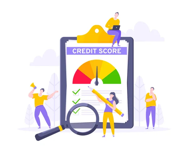 Credit score jelentés nyíl űrszelvény sebességmérő indikátor színes szintek óriás vágólapon. — Stock Vector