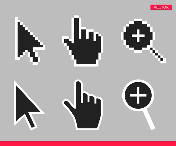 Flecha en blanco y negro, mano y lupa iconos del cursor del ratón vector ilustración — Vector de stock