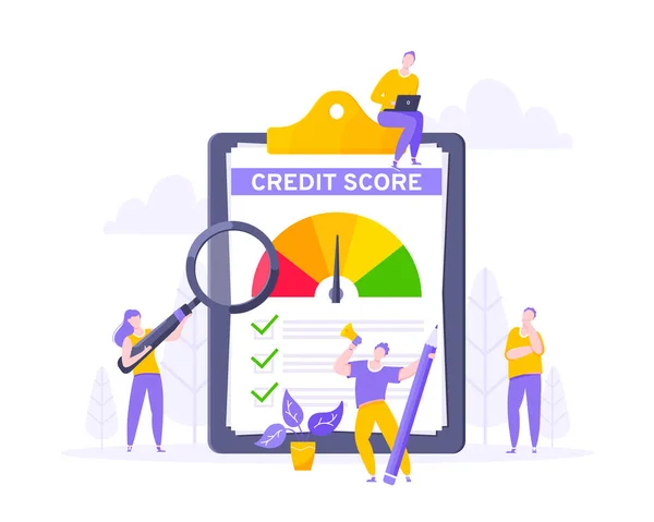 Credit score jelentés nyíl űrszelvény sebességmérő indikátor színes szintek óriás vágólapon. — Stock Vector