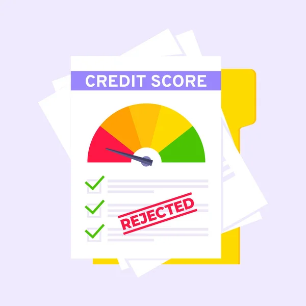 Credit score gauge snelheidsmeter indicator met kleurniveaus op papier bladen en bestand. — Stockvector