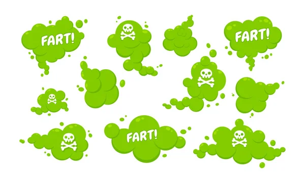 Smelling green cartoon fart cloud flat style design vector illustration with text fart set. — Stock Vector