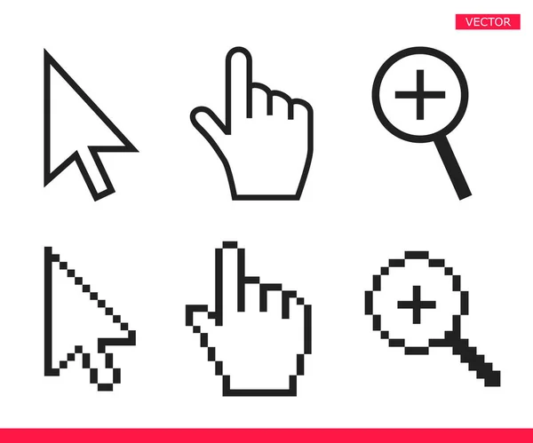 Black and white arrow, hand and magnifier mouse cursor icons vector illustration — Stock Vector