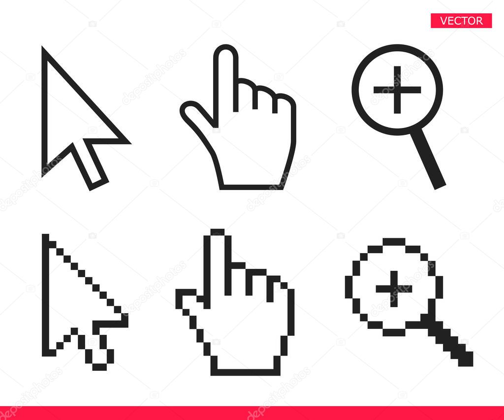 Black and white arrow, hand and magnifier mouse cursor icons vector illustration
