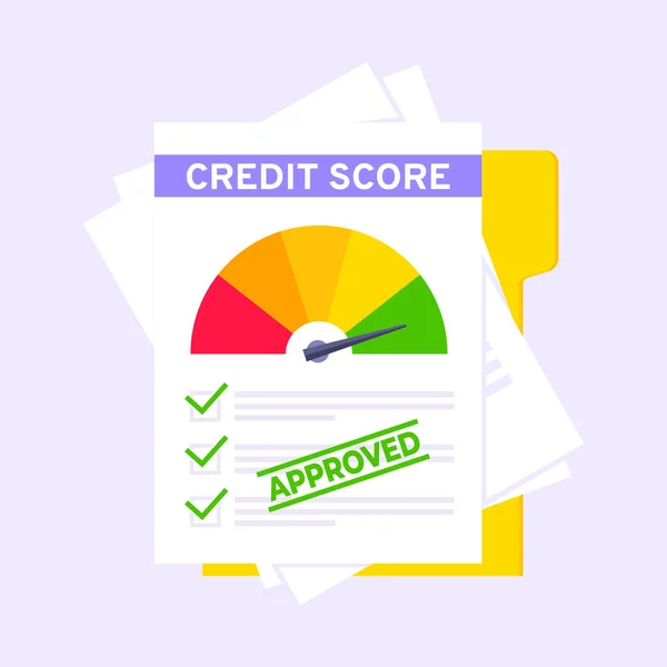 Indicador de indicador de indicador de pontuação de crédito aprovado com níveis de cor em folhas de papel e arquivo. — Vetor de Stock