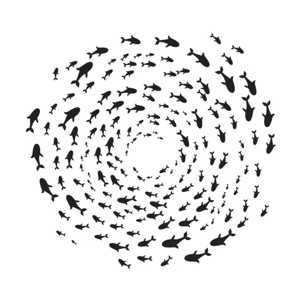 Siluetas escuela de peces con vida marina de varios tamaños natación peces en el círculo plano estilo diseño vector ilustración. — Archivo Imágenes Vectoriales