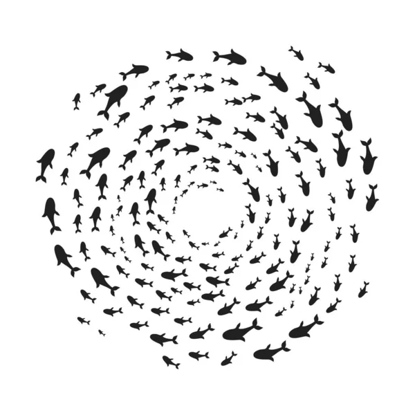 원 모양의 벡터 그림에 다양 한 크기의 수영 물고기를 가진 해양 생물을 가진 실루엣 물고기 학교. — 스톡 벡터