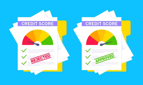 Verworpen en goedgekeurd credit score gauge snelheidsmeter indicator kleurniveaus op papier bladen set. — Stockvector
