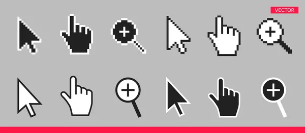 Zwarte en witte pijl, hand en vergrootglas muis cursor pictogrammen vector illustratie. — Stockvector