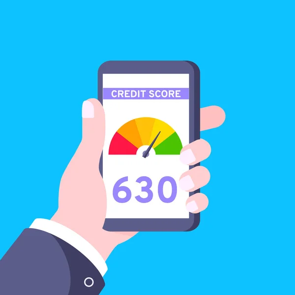 Hand houdt smartphone met credit score gauge snelheidsmeter indicator. — Stockvector