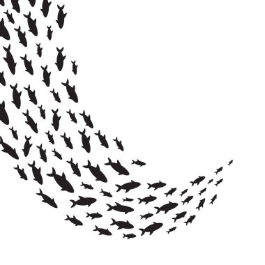 Çeşitli boyutlarda deniz canlıları olan siluetler balık yassı tasarım vektör çizimi..