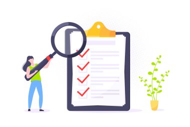 Kontrol listesi tam bir iş konsepti megafonu olan küçük bir insan, yakınındaki dev bir panoda büyüteç var..