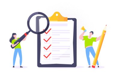 Kontrol listesi tam bir iş konsepti kalem, büyüteç ile küçük insanlar yanında dev bir pano.