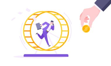 Sıçan yarışı konsepti. Hamster çarkında koşan iş adamı. Çok çalışıyor ve hep meşgul.