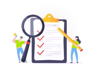 Kontrol listesi tam bir iş konsepti kalem, büyüteç ile küçük insanlar yanında dev bir pano.