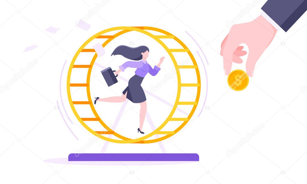 Rat race business concept with businessman running in hamster wheel working hard and always busy