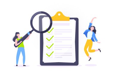 Kontrol listesi tam bir iş konsepti. Megafonlu küçük insanlar, yakınındaki dev panoya büyüteç koyuyorlar..