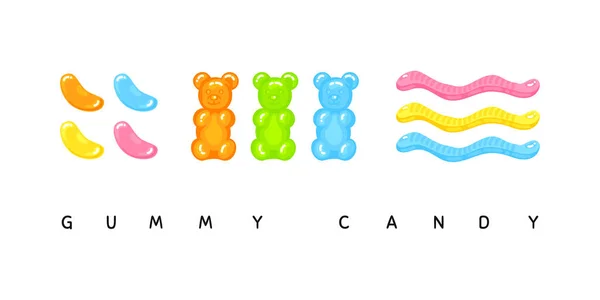 Gummy bear, jelly bean and jelly worms sweet candy set with amazing flavor flat style design vector illustration. Stock Illustration