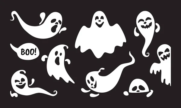 Lindos personajes fantasmas estilo plano diseño vector ilustración conjunto aislado sobre fondo negro. — Vector de stock