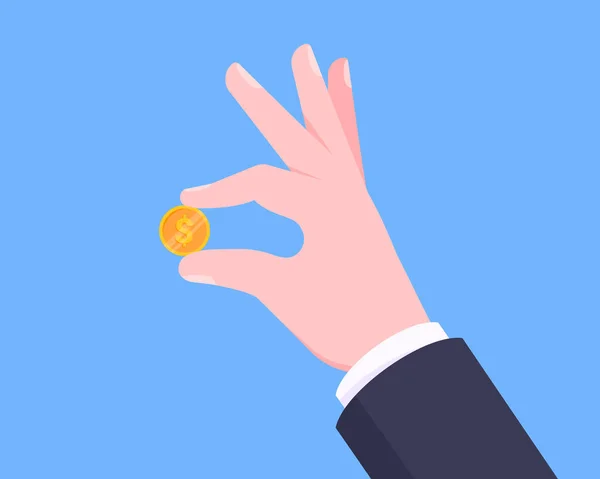 Ruka drží zlatou minci ve dvou prstech plochý styl design vektorové ilustrace. — Stockový vektor