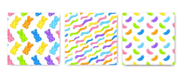 3 Gummy bear, jelly worms and beans sweet candy seamless pattern set Royalty Free Stock Illustrations