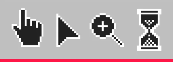Freccia in bianco e nero, lancetta, lente d'ingrandimento e clessidra pixel mouse icone vettoriali set illustrazione — Vettoriale Stock