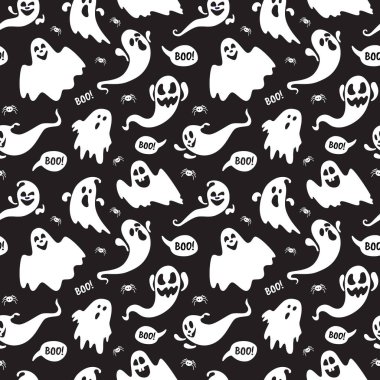 Tatlı hayalet bu tatil karakteri pürüzsüz desen düz tasarım vektör çizimi koyu arkaplanda izole.