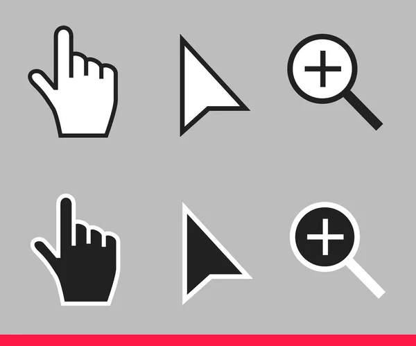 黒と白の矢印、手と拡大鏡非ピクセルマウスカーソルアイコンベクトルイラストセット — ストックベクタ