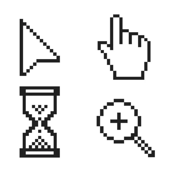 Flecha de píxel blanco y negro, mano, lupa y reloj de arena píxel ratón cursor iconos vector ilustración. — Vector de stock