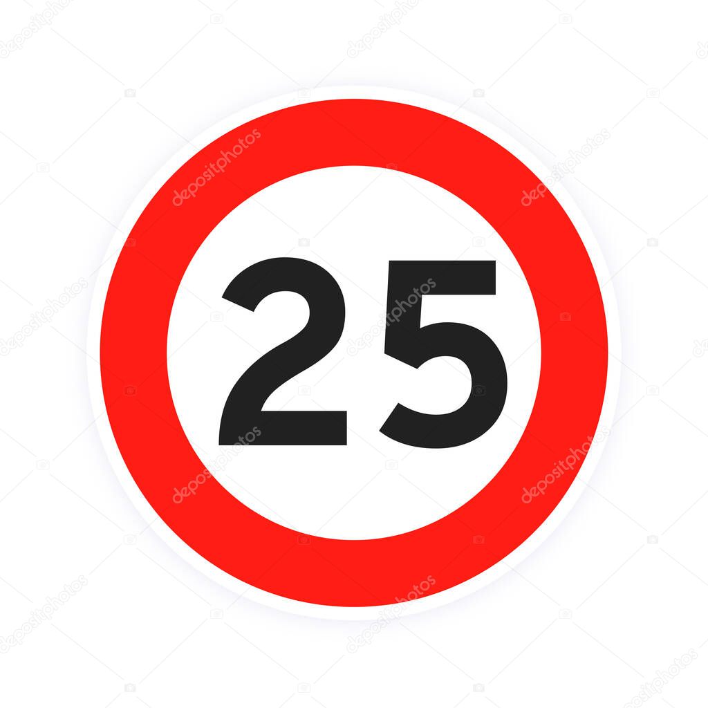 Speed limit 25 round road traffic icon sign flat style design vector illustration isolated on white background.
