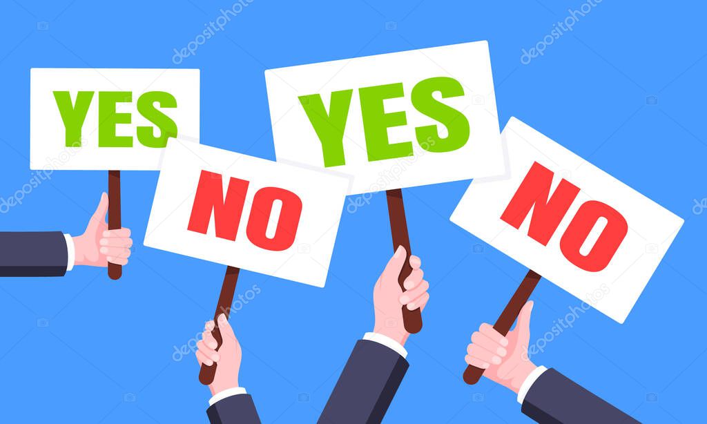 Hands hold yes and no words banners plate business concept flat style design vector illustration.