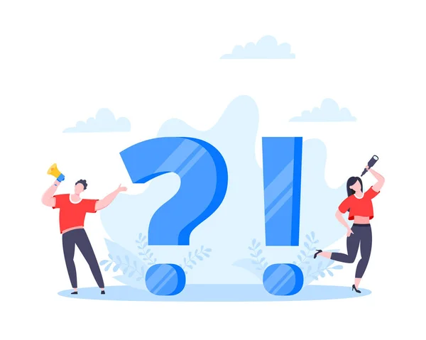 Q and A or FAQ concept with tiny people characters, big question and exclamation mark. — Stock Vector