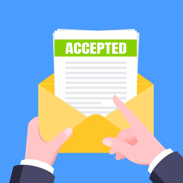 College of universiteit acceptatiebrief met enveloppe en papieren bladen document e-mail. — Stockvector