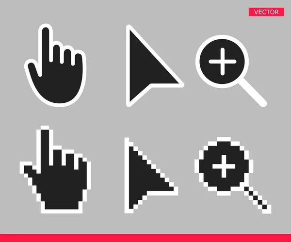 Zwarte en witte pijl, hand en vergrootglas niet pixel muis cursor pictogrammen vector illustratie set — Stockvector