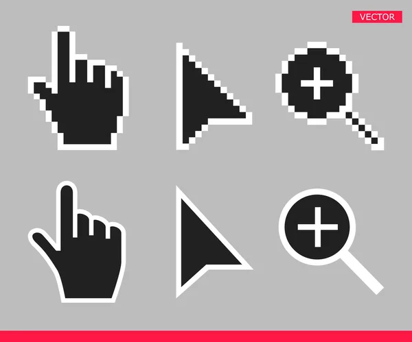 Flecha en blanco y negro, mano y lupa no píxel ratón cursor iconos vector ilustración conjunto — Vector de stock
