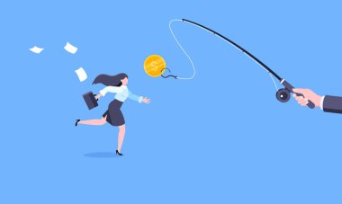Balıkçılık para peşinde iş kadınlarıyla iş konsepti peşinde koşmak dolar peşinde koşmak ve onu yakalamaya çalışmak.