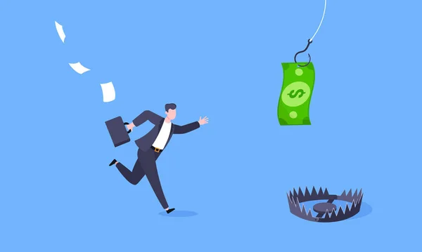 Pesca dinheiro perseguição conceito de negócios com empresário correndo atrás de dólar pendente e tentando pegá-lo. — Vetor de Stock