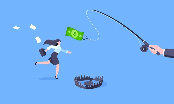 Vissersgeld achtervolgen business concept met zakenvrouw loopt achter bungelen dollar en proberen om het te vangen. — Stockvector