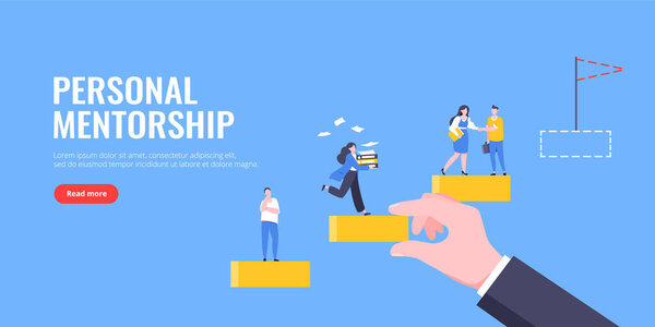 Business mentor helps to improve career and holding stairs steps vector illustration.