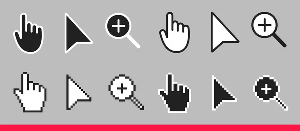Freccia in bianco e nero, lancetta e lente d'ingrandimento non pixel cursore del mouse icone vettoriali set illustrazione. — Vettoriale Stock