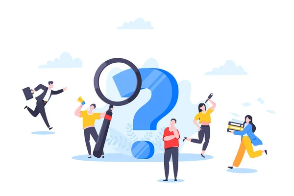 Q en A of FAQ concept met kleine mensen karakters, groot vraagteken, veel gestelde vragen template. — Stockvector