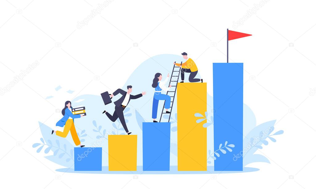 Business mentor helps to improve career and holding stairs steps vector illustration.