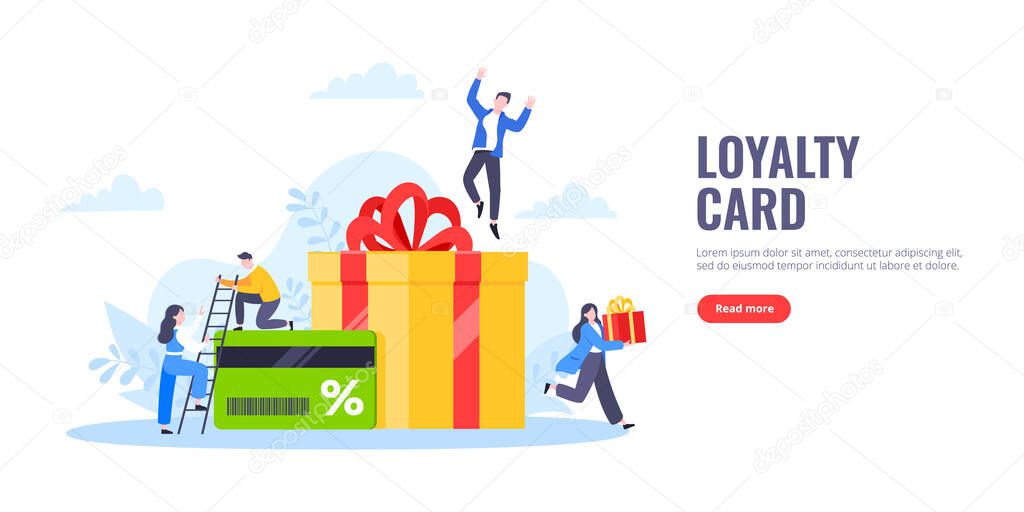 Get loyalty card and customer service business concept flat design vector illustration.