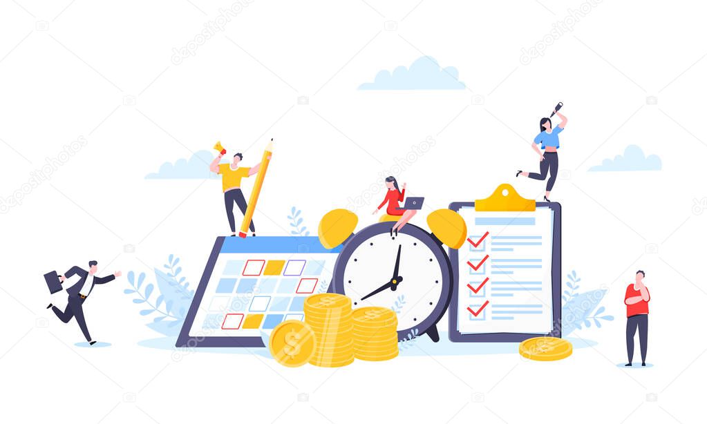 Time is money or saving money business concept. Tiny people working with clock, calendar schedule and checklist symbol.