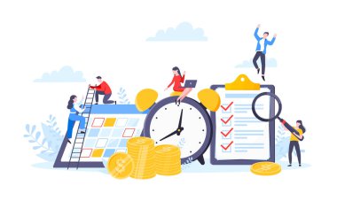 Zaman para ya da para biriktirme konseptidir. Saat, takvim çizelgesi ve kontrol listesi sembolü ile çalışan küçük insanlar.