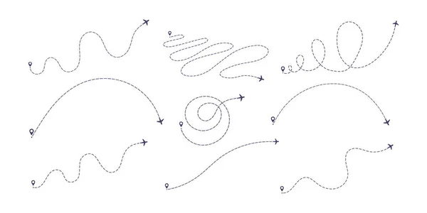 飛行機破線パスフラットスタイル設計ベクトル図セット白の背景に隔離. — ストックベクタ