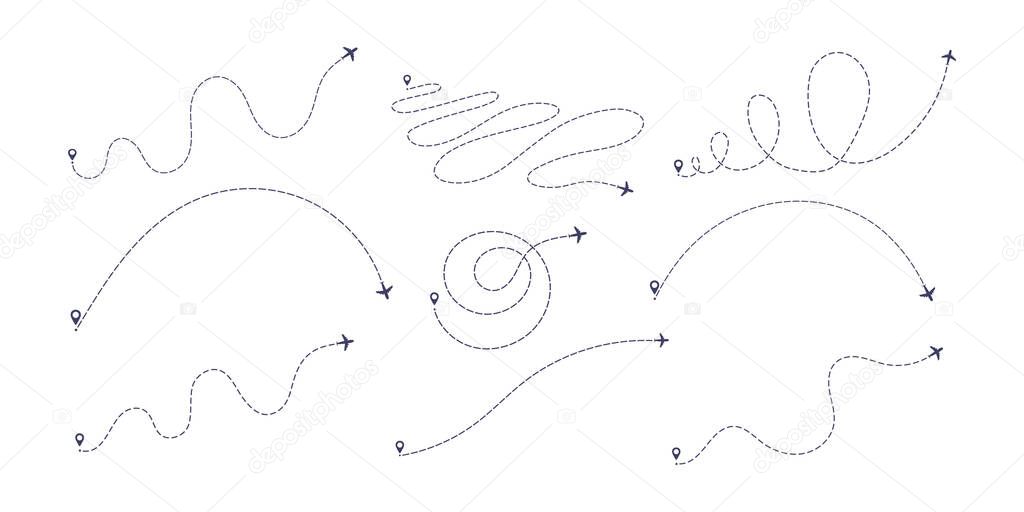 Airplane dashed line path flat style design vector illustration set isolated on white background.