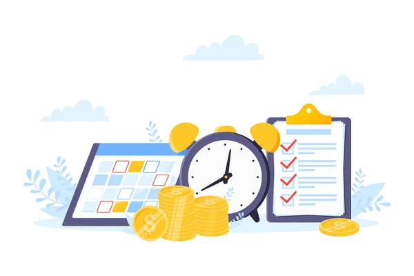 Tid är pengar eller spara pengar affärsidé. Jätteklocka, kalender schema och checklista symbol. — Stock vektor