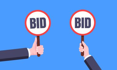 El ele tutuşan açık artırma teklifi raket sancak levhası iş konsepti düz stil tasarım vektör illüstrasyon seti.